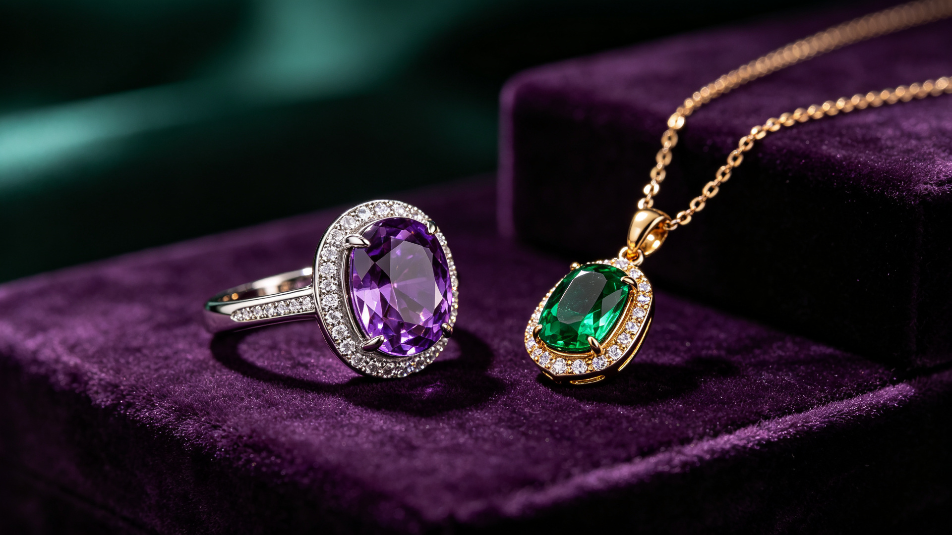 Purple amethyst ring and emerald pendant on dark velvet